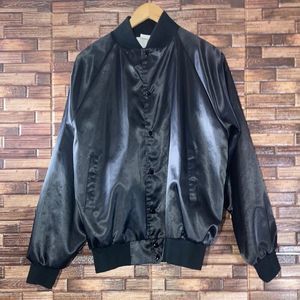 Vtg 80’s Auburn Sportswear Large Black & White Unisex Satin BomberJacket W/ Logo